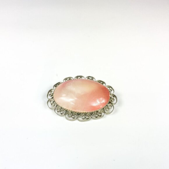 Vintage Rose Quartz & Silver Tone Filigree Oval Brooch - Picture 3 of 4
